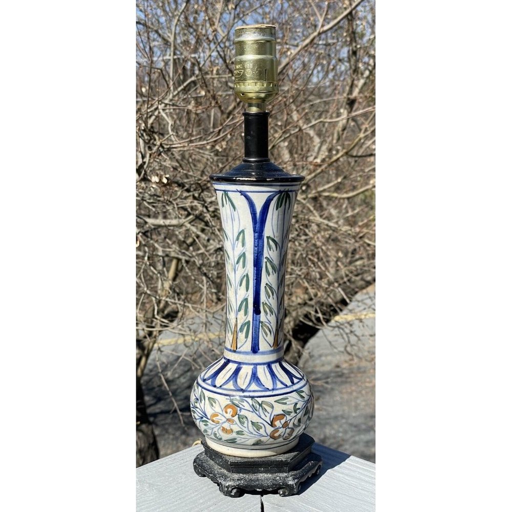 Antique Iznik Middle Eastern Pottery Glazed Faience Vase Cast Iron Loevsky Lamp